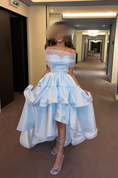 Light Blue Off-The-Shoulder Sweetheart Ruffles Prom Dress