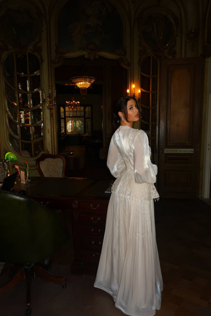 Ivory High Neck Long Sleeves Beaded Evening Gown Vintage Dress