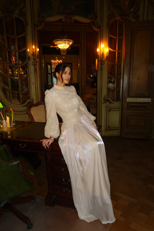 Beige High Neck Long Sleeves Beaded Floral Sheath Formal Evening Dress