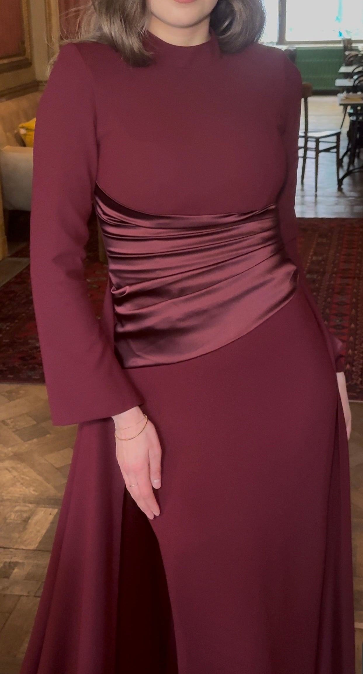 Burgundy Sheath High Neck Long Sleeves Evening Dress