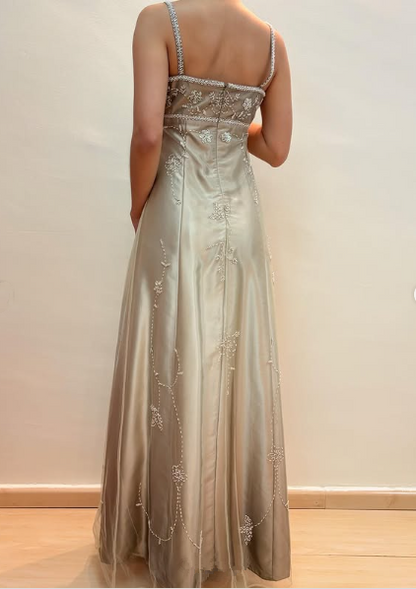 Spaghetti Straps Satin Tulle Beaded Prom Dress