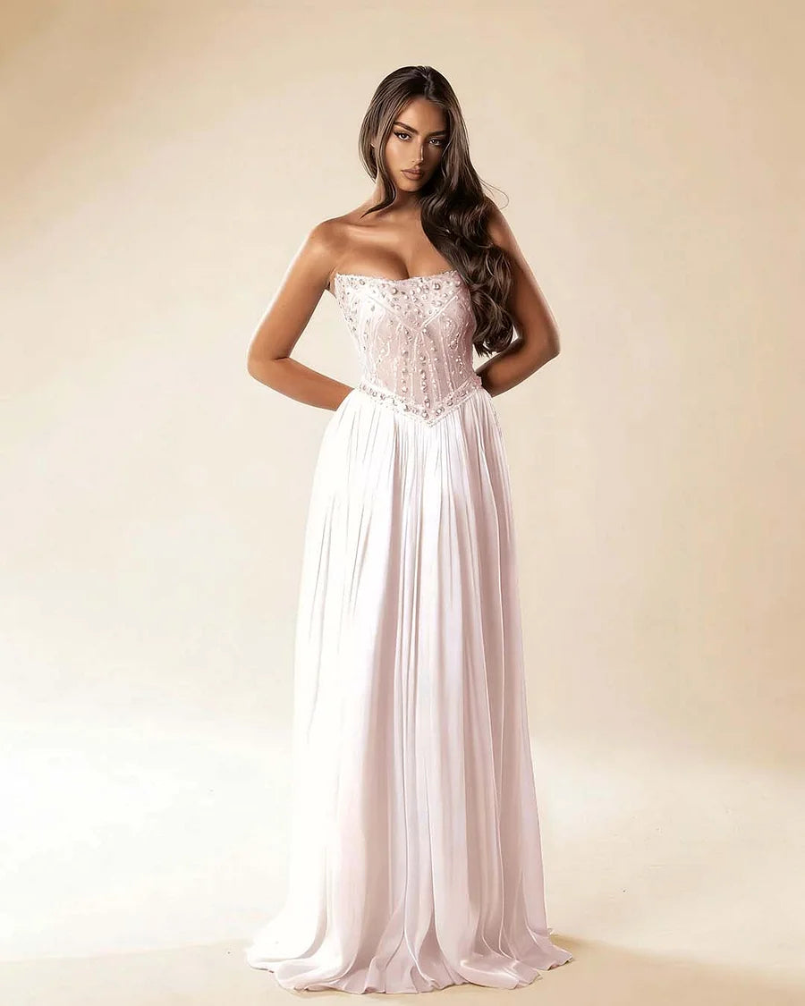 Strapless Sleeveless Long Pleated A-Line Prom Dress With Beadings