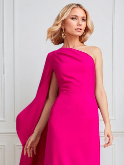 Hot Pink Stretch Crepe One Shoulder Ruched Floor-Length Evening Dress