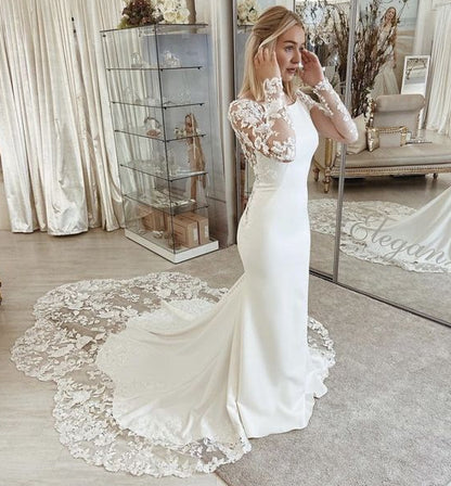 Chapel-length Petal Train Low Back Stretch Crepe Wedding Dress