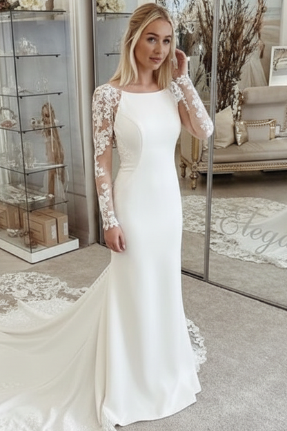 Long Sleeves Lace Applique Satin Sheer Mermaid Wedding Dress