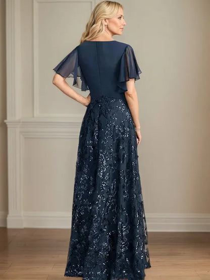 A Line V Neck Short Sleeve Chiffon Mother of the Bride Dress