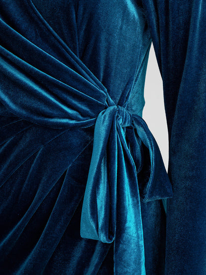 Elegant Midnight Blue Velvet Wrap Midi Dress