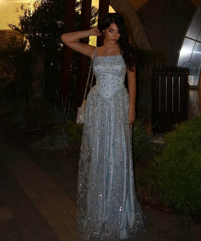 Sparkly Beaded Evening Dress Spaghetti Strap Formal Prom Dress