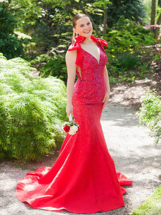 Deep V-Neck Sleeveless Fully Beaded Satin Trumpet Mermaid Prom Dress