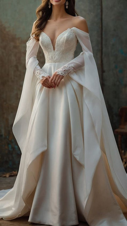 A Line Off Shoulder Lace Long Sleeves Wedding Dress Bridal Dress