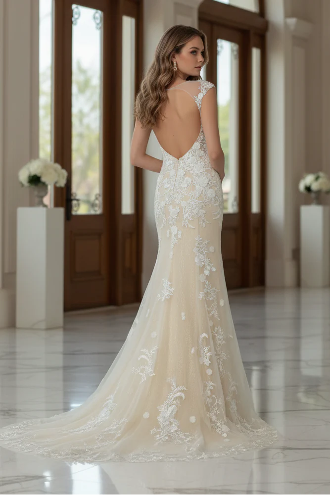 White Champagne Mermaid Sweetheart Sequins Tulle Wedding Dress