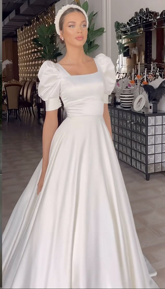 A Line Satin White Long Wedding Dress Princess Bridal Gown
