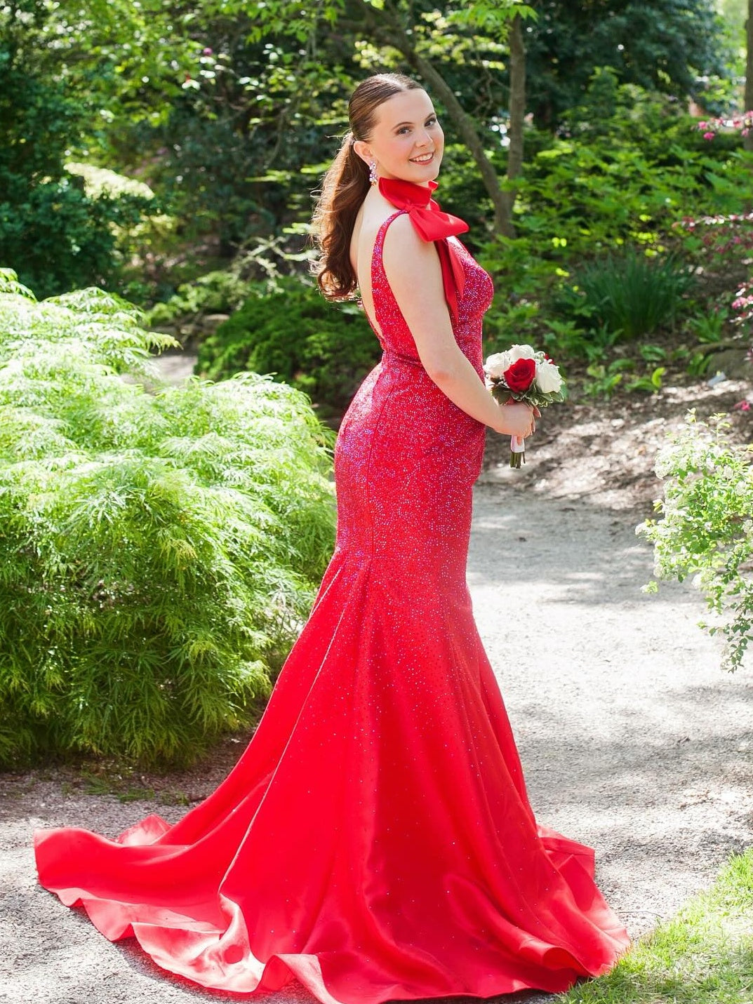 Deep V-Neck Sleeveless Fully Beaded Satin Trumpet Mermaid Prom Dress