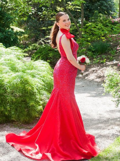 Deep V-Neck Sleeveless Fully Beaded Satin Trumpet Mermaid Prom Dress