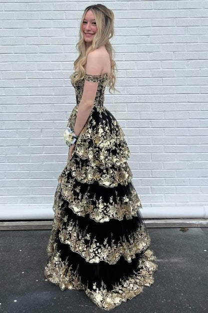 Fairytale Sequin-Embroidery Off-the-Shoulder Tiered Long Prom Dress with Slit