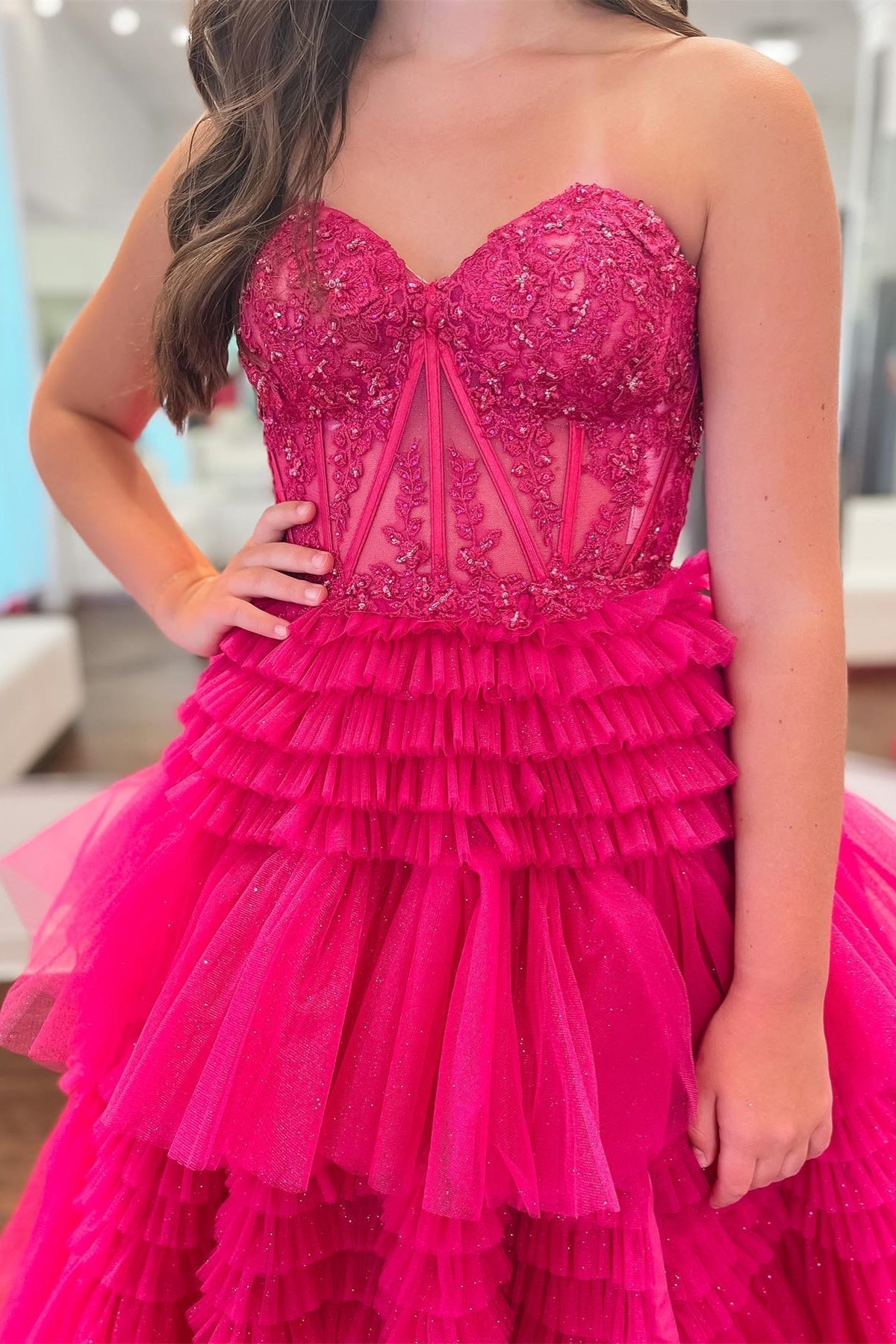 Fuchsia A-Line Sweetheart Tiered Tulle Prom Dress