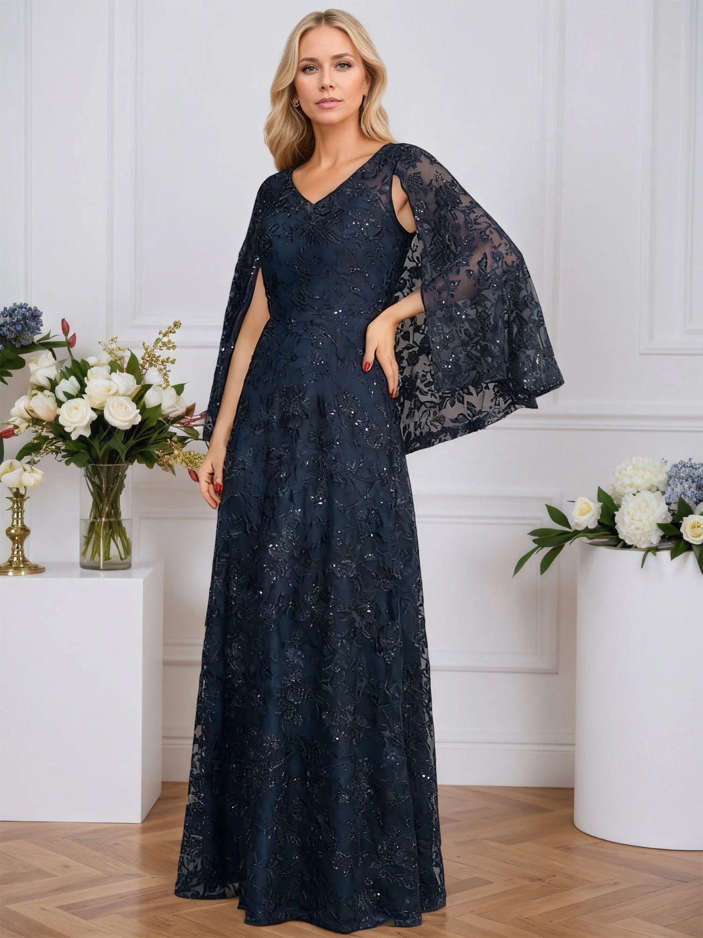 A-line V-Neck Floor-Length Lace Mother of the Bride Dress With Sequins