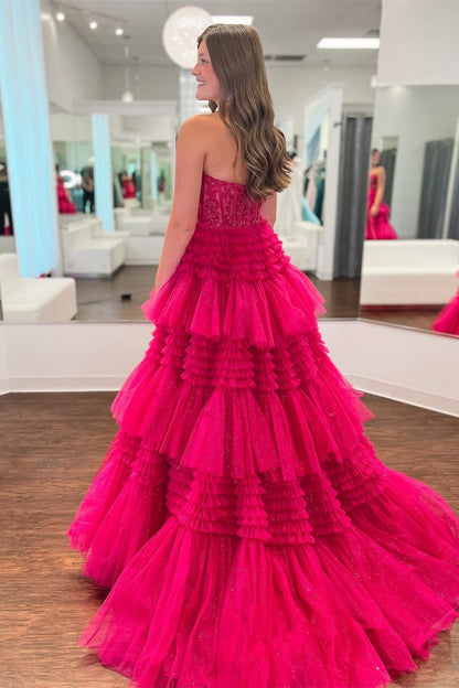 Fuchsia A-Line Sweetheart Tiered Tulle Prom Dress
