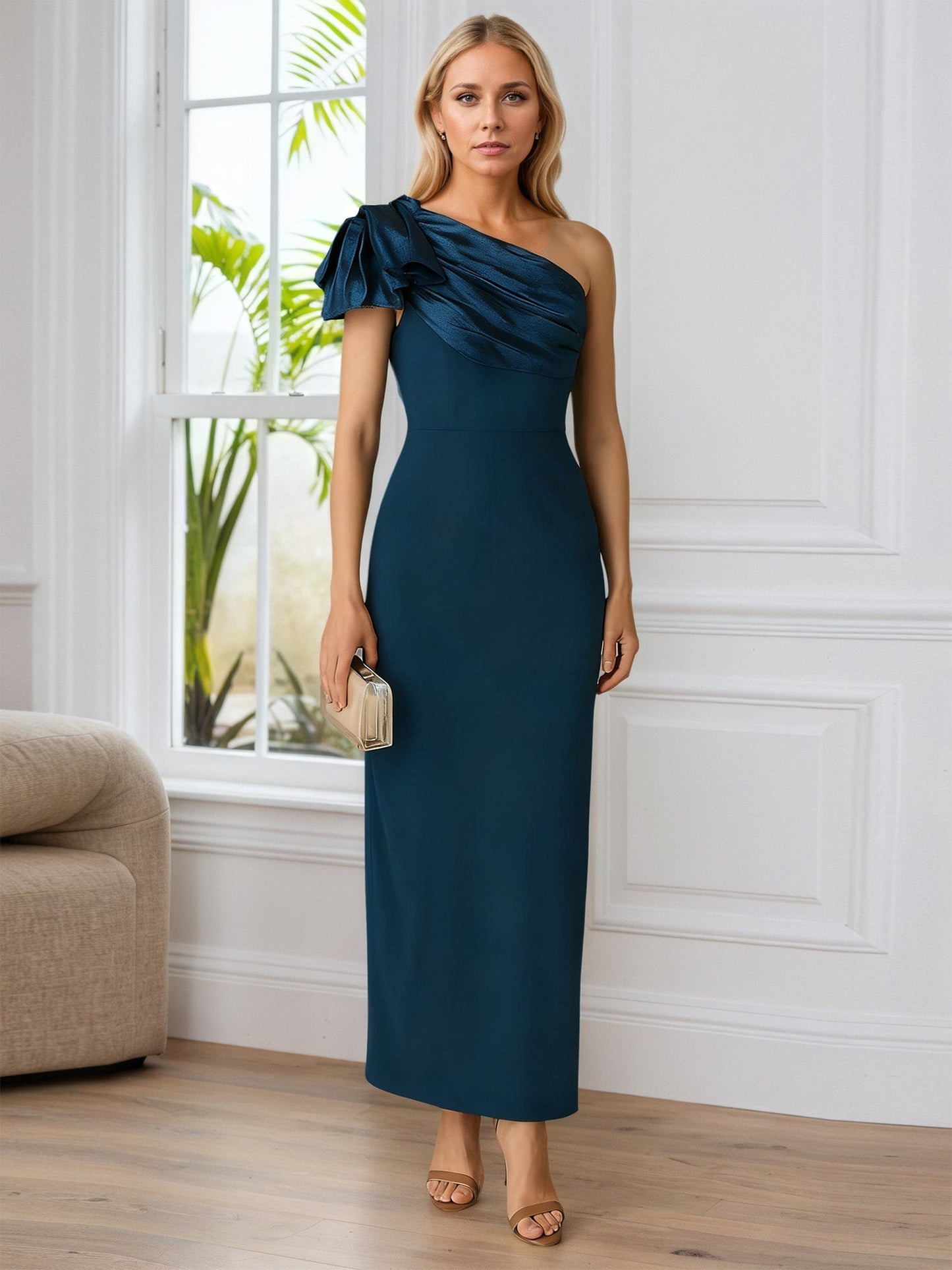 Sheath/Column One Shoulder Ankle-Length Mother of the Bride Dress With Pleated