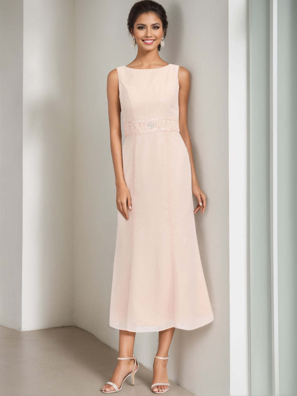 Column Jewel Neck Tea Length Mother of the Bride Dress