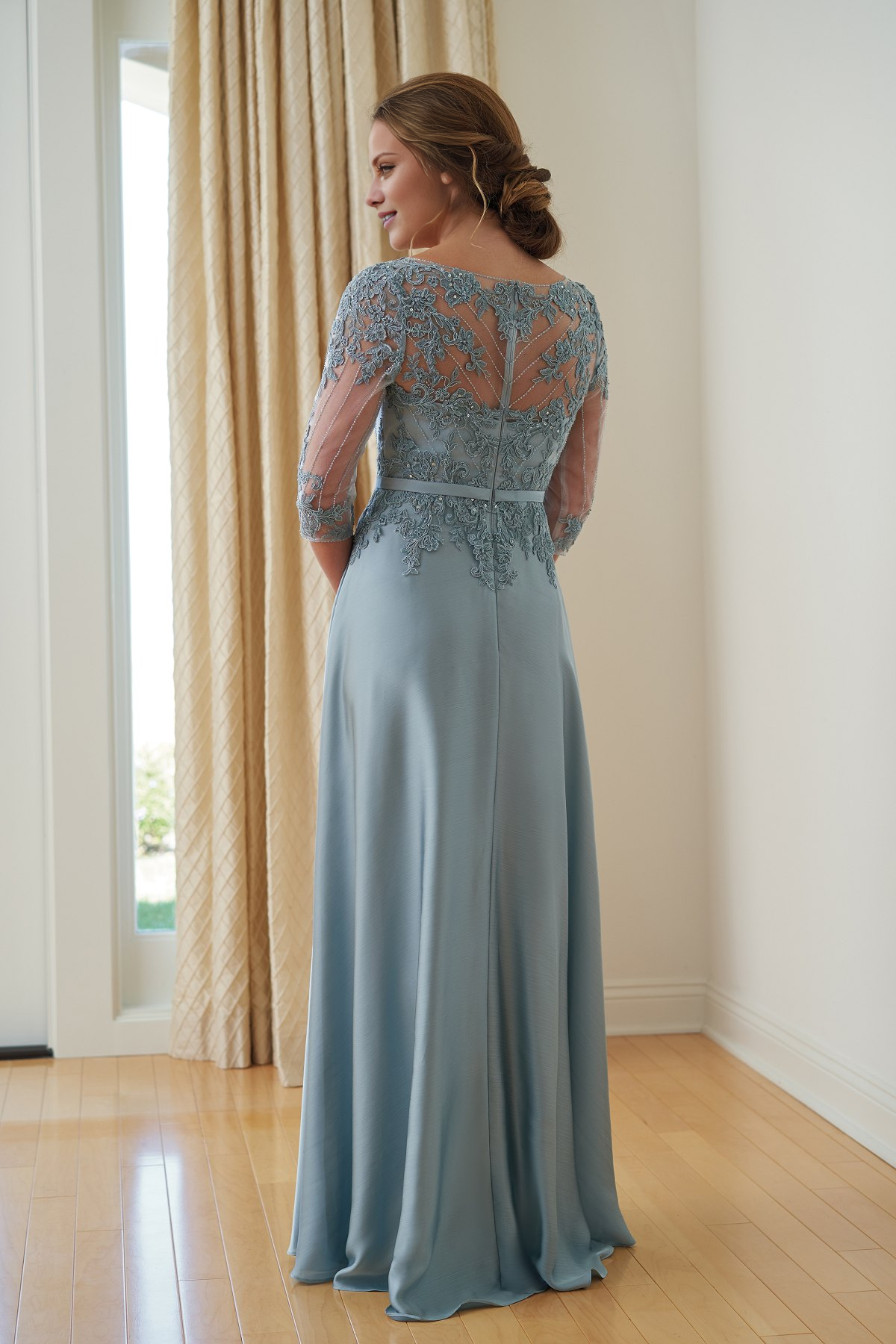 A-Line V-neck satin chiffon lace and floor length mother of bride dress