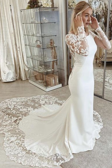 Long Sleeves Lace Applique Satin Sheer Mermaid Wedding Dress