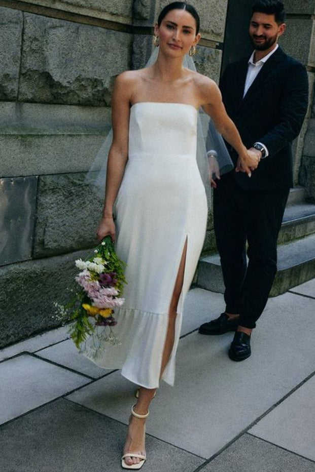 Sleeveless Satin Pleated Ankle-Length Mermaid Wedding Dress