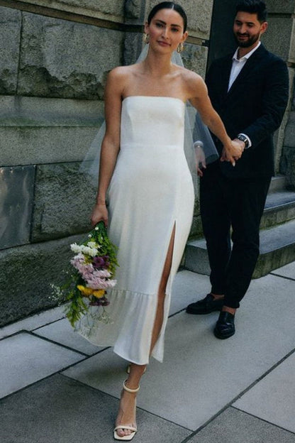 Sleeveless Satin Pleated Ankle-Length Mermaid Wedding Dress