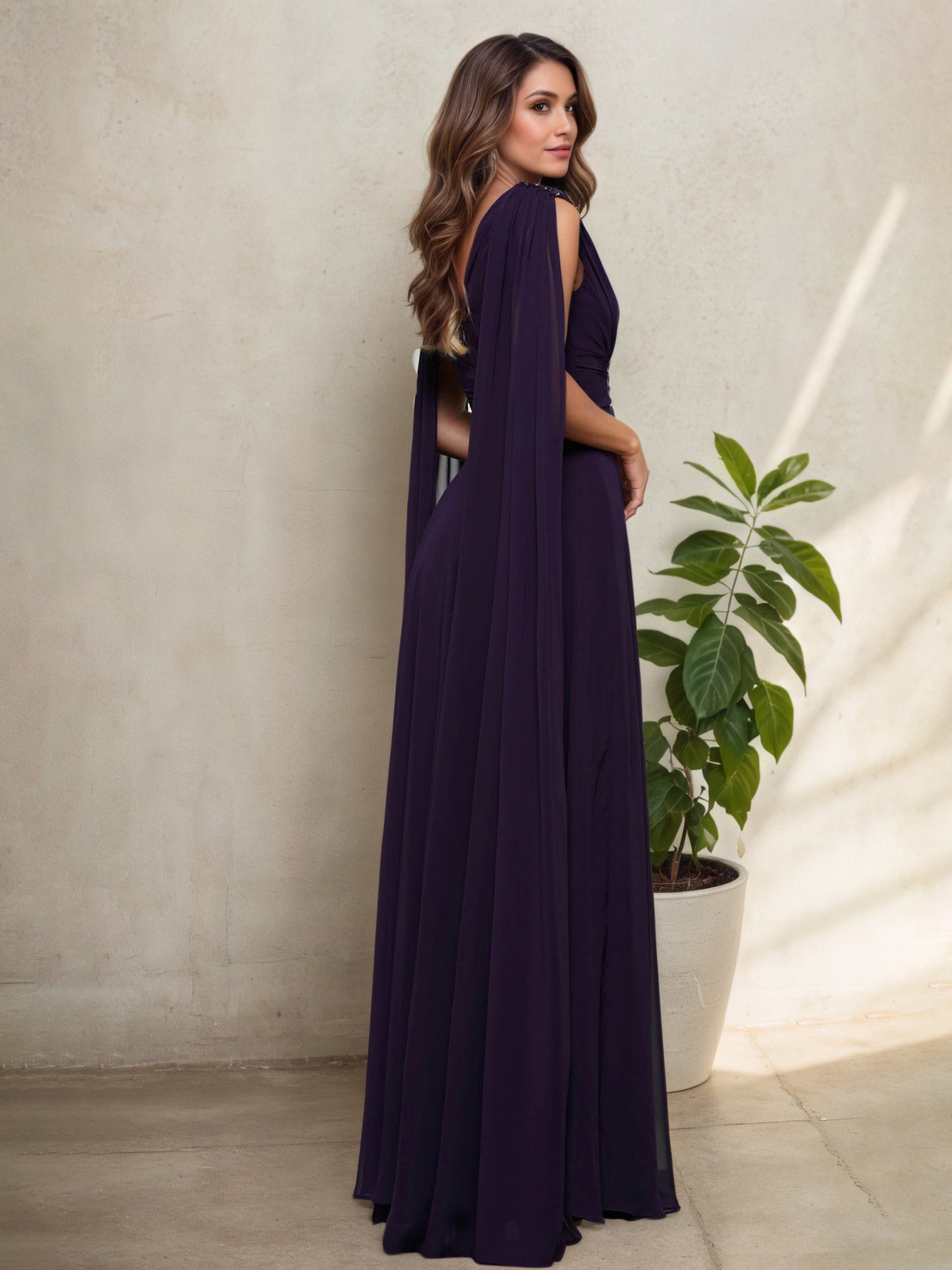 Sleeveless V-Neck Aubergine Pleats A-Line Mother Of The Bride Dress