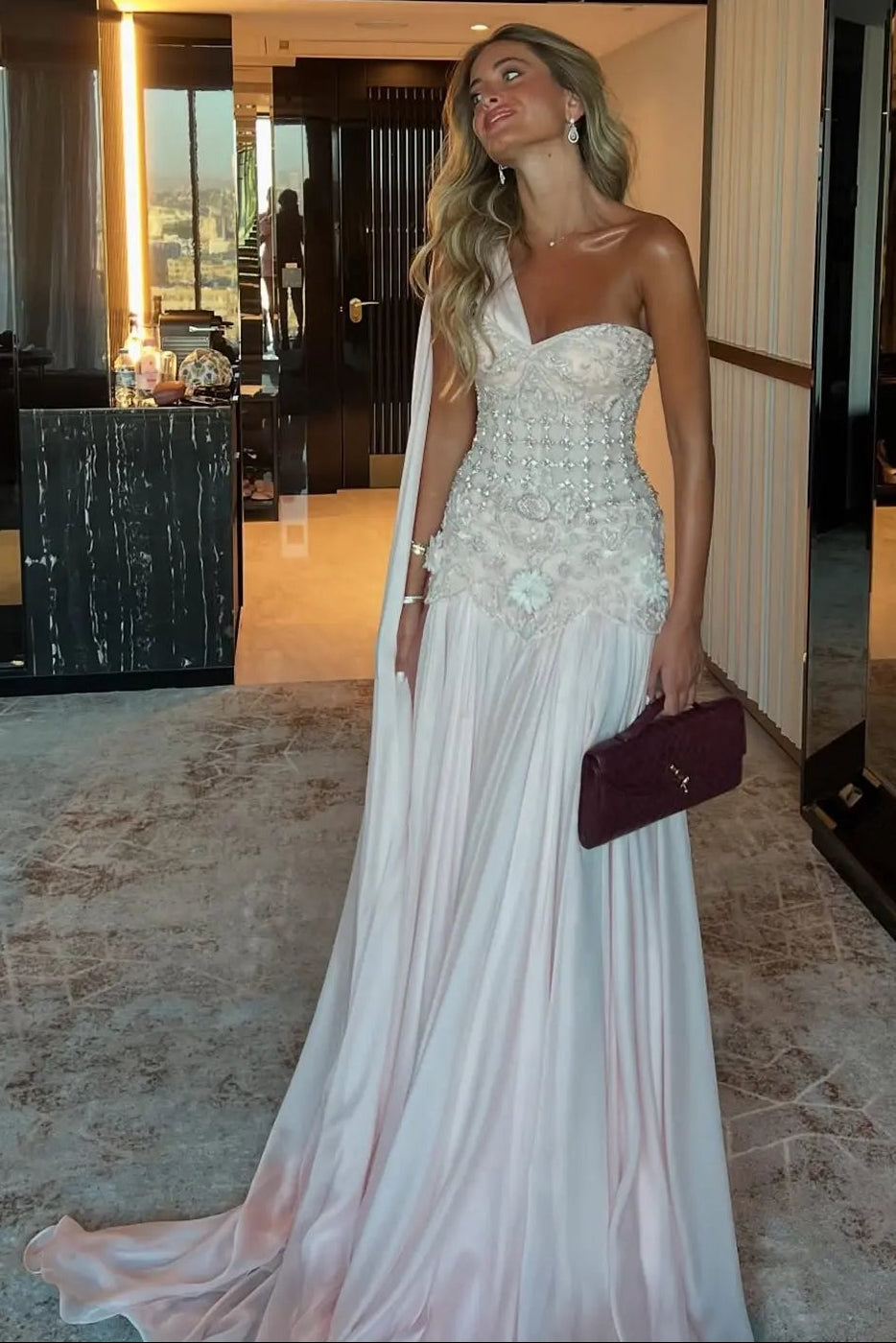Luxury Blush Pink Beaded 3D Floral Cape Evening Dress