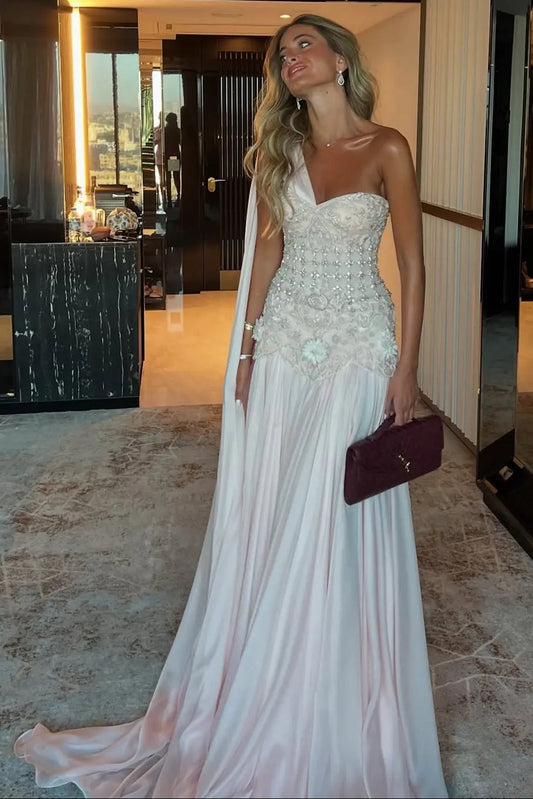 Luxury Blush Pink Beaded 3D Floral Cape Evening Dress