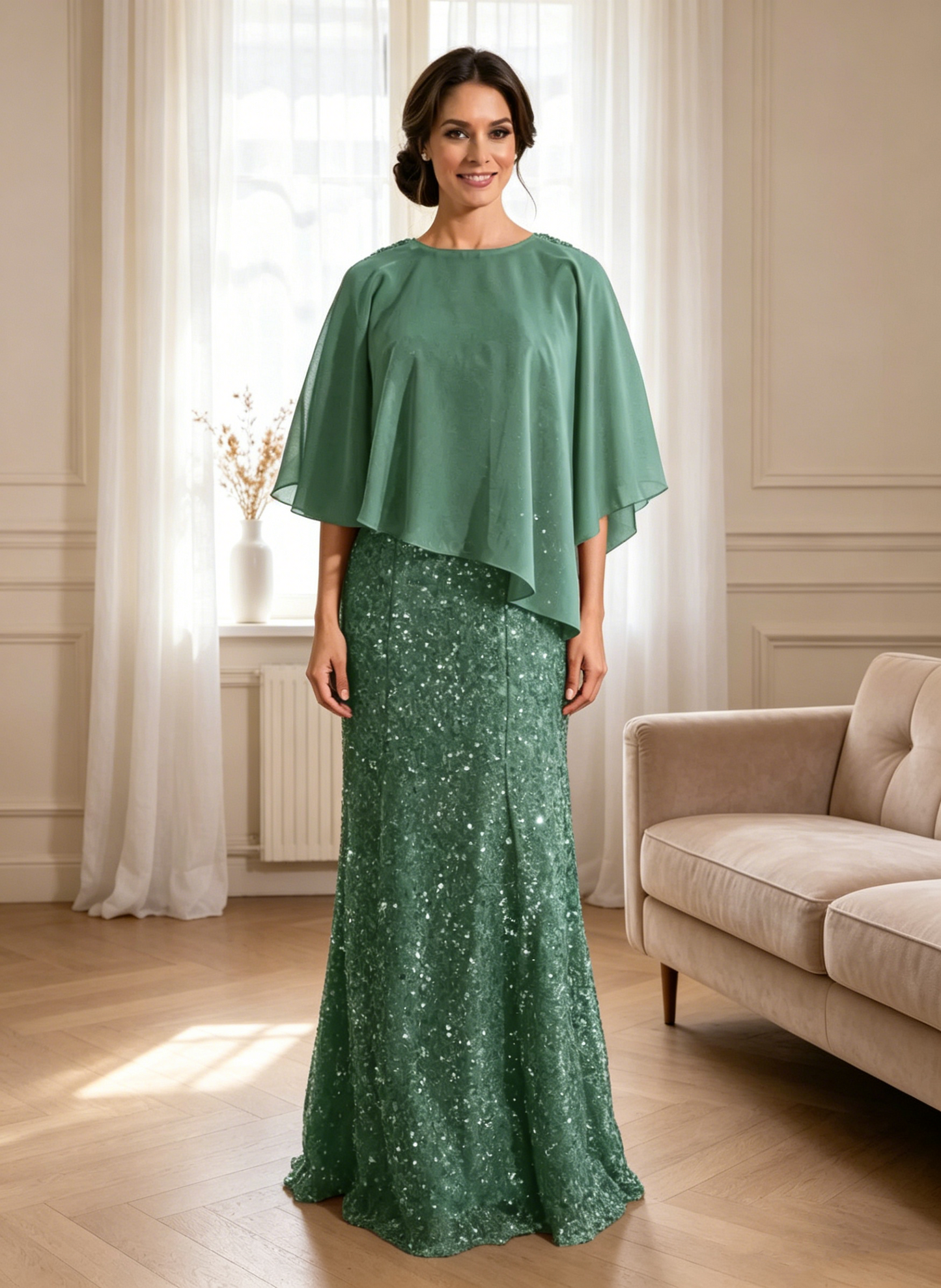 Elegant Green Chiffon Cape Sequin Column Mother of the Bride Dress