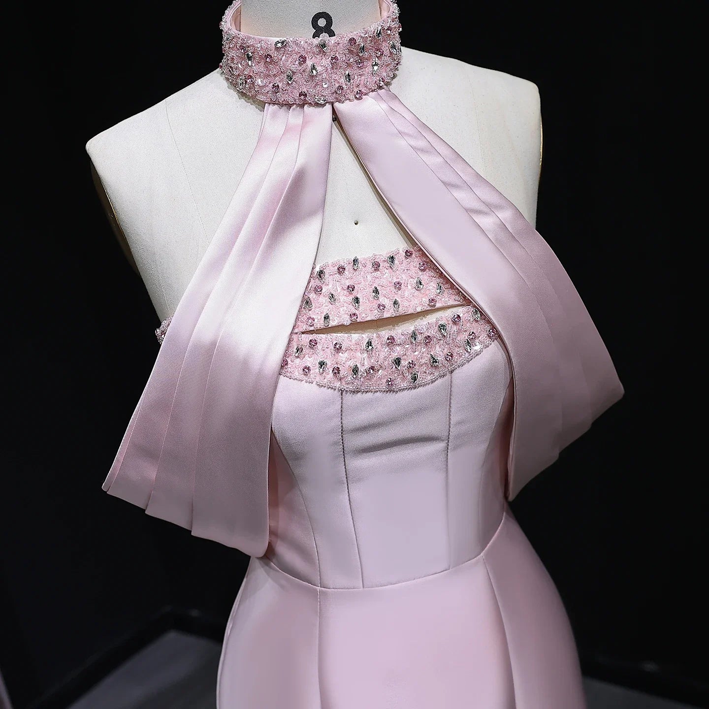 Pink Off-Shoulder Crystal Beaded Mermaid Evening Gown with Halter Detail