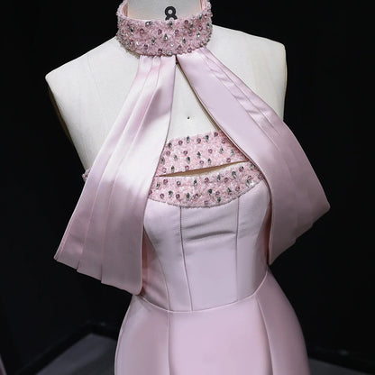 Pink Off-Shoulder Crystal Beaded Mermaid Evening Gown with Halter Detail