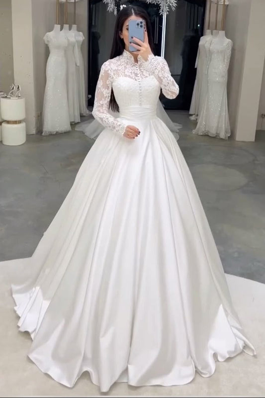 A Line Satin Lace Long Wedding Dress Bridal Gowns
