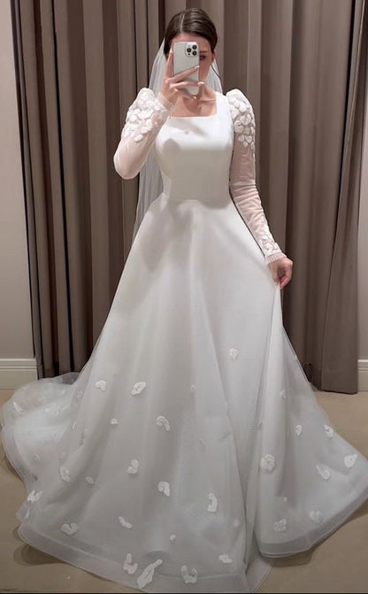 Modest White A-line Long Sleeves Wedding Dress