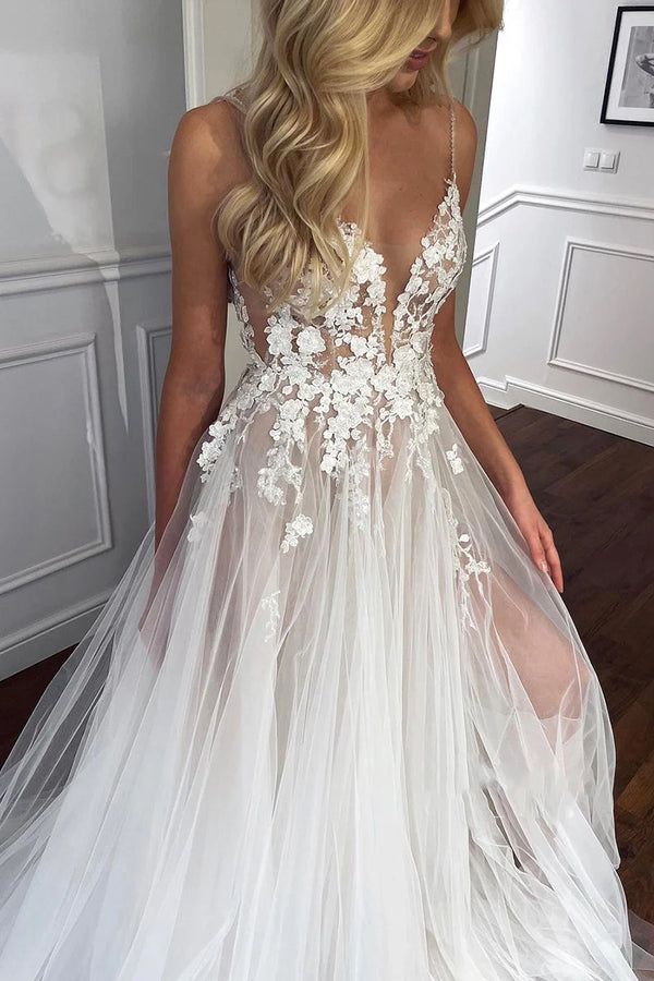 A-Line Tulle Rustic Wedding Dress With Slit