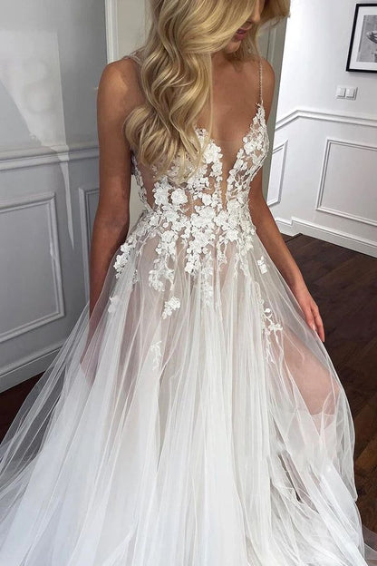 A-Line Tulle Rustic Wedding Dress With Slit
