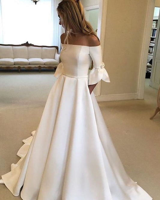 Elegant Off-Shoulder Satin Wedding Dress with Bow
