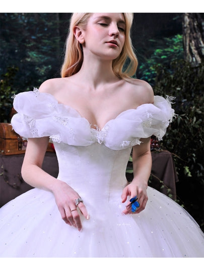 Cinderella White Tulle Ball Gown Wedding Dress