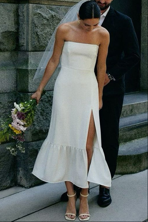 Sleeveless Satin Pleated Ankle-Length Mermaid Wedding Dress
