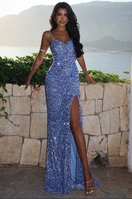 Dazzling Steel Blue Spaghetti-Strap Sequins Prom Dress