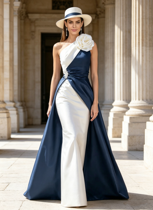 Elegant Two-Tone One Shoulder Satin Evening Gown