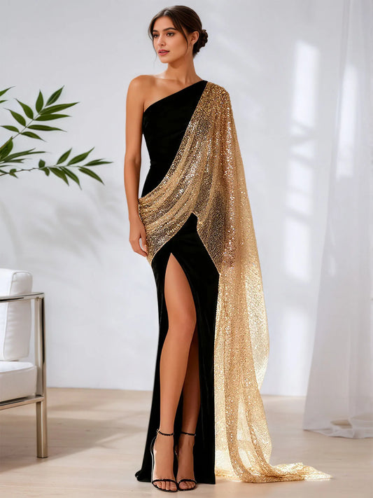 One-Shoulder Velvet & Gold Sequin Cape Maxi Gown with High Slit