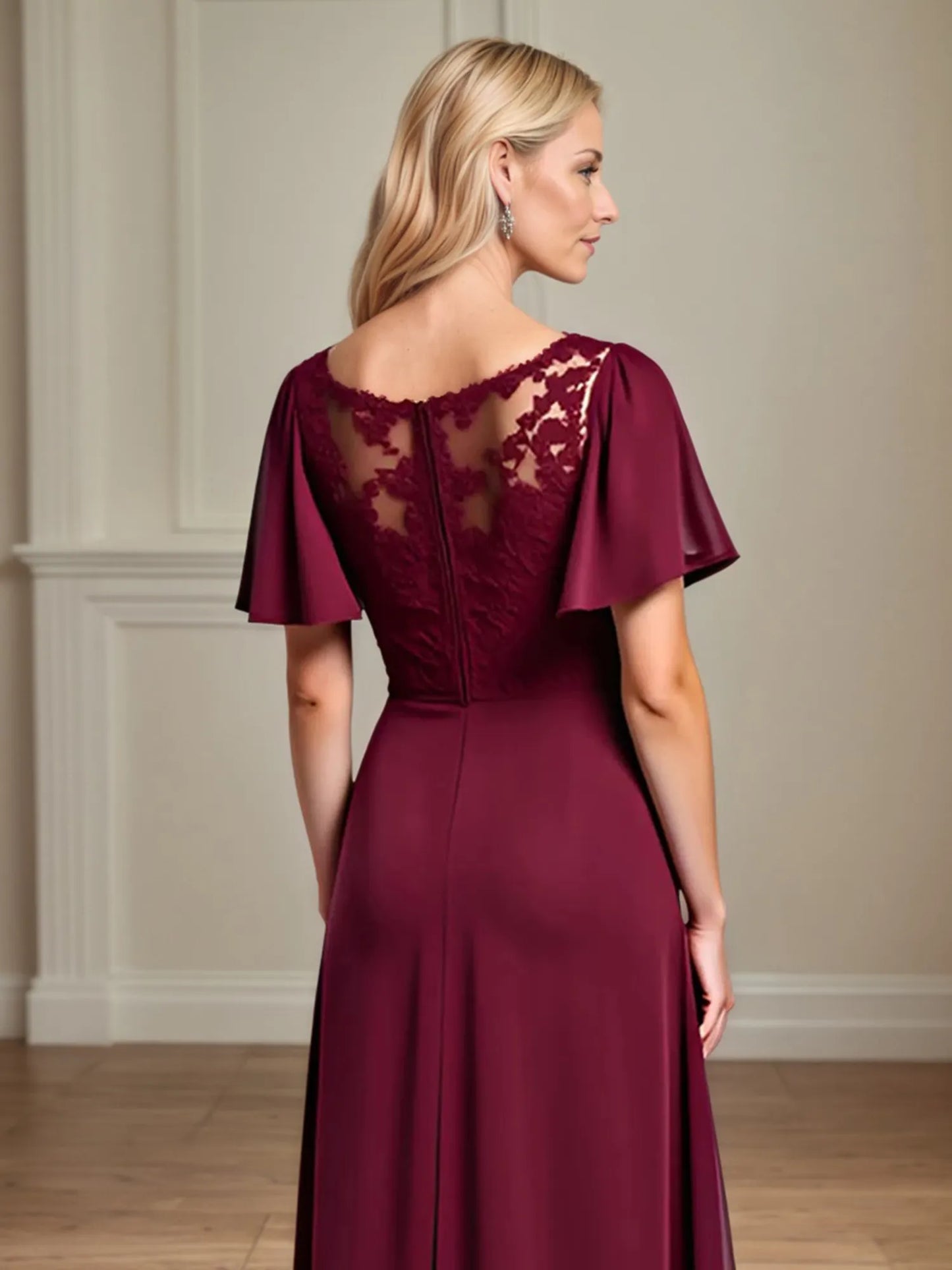 A Line Scoop Neck Short Sleeve Chiffon Mother of the Bride Dress