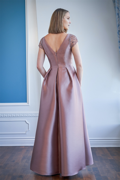 A-line front and back V-neckline sheer sleeves mother of bride dress