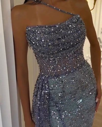 Luxury Blue One Shoulder Evening Dress with Overskirt