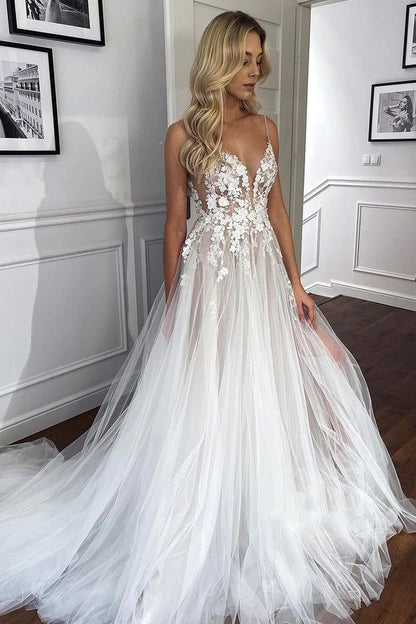 A-Line Tulle Rustic Wedding Dress With Slit
