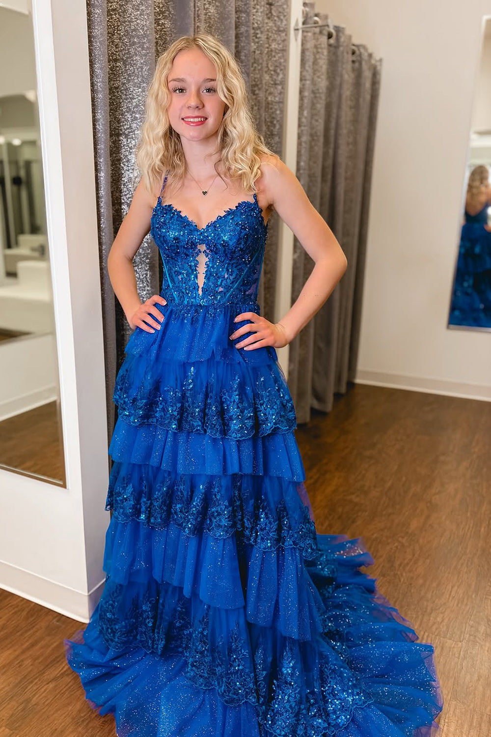 Cute A Line V Neck Royal Blue Tiered Tulle Prom Dress