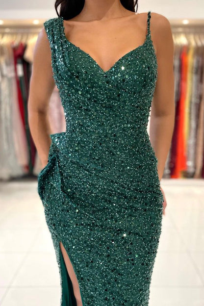 Dark Green Asymmetry Straps Prom Dress Pleated Beaded Sequins